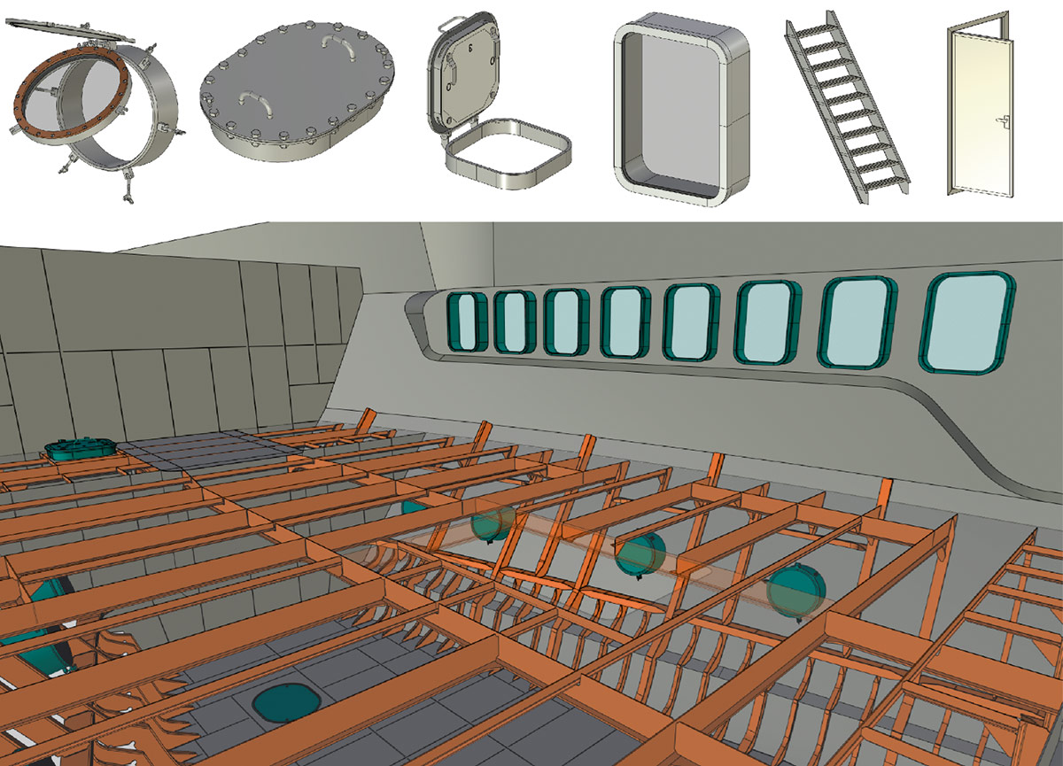 Рис. 9. 3D-фрагменты корпусного оборудования 
и их использование в модели корпуса