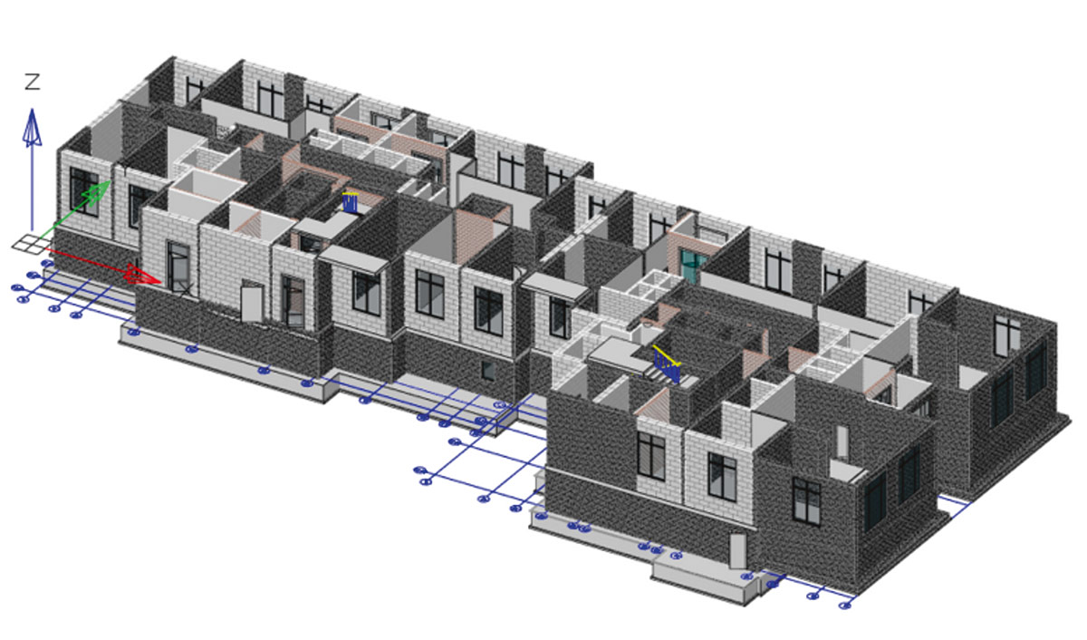 Рис. 2. 3D-модель конструкций первого этажа здания с фундаментом и техническим этажом, выполненная в nanoCAD BIM Конструкции