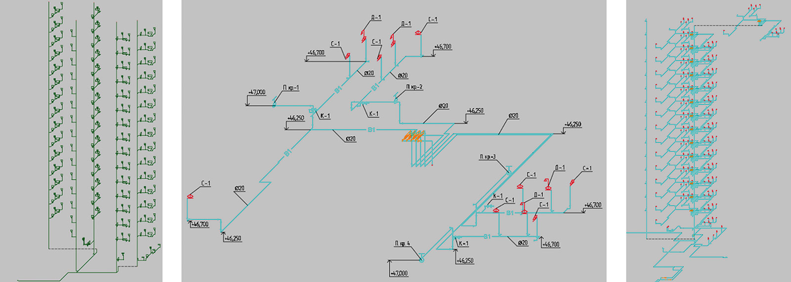 Рис. 9. Аксонометрические схемы систем водоснабжения, выполненные в nanoCAD BIM ВК. Слева направо: канализация, холодное водоснабжение, горячее водоснабжение