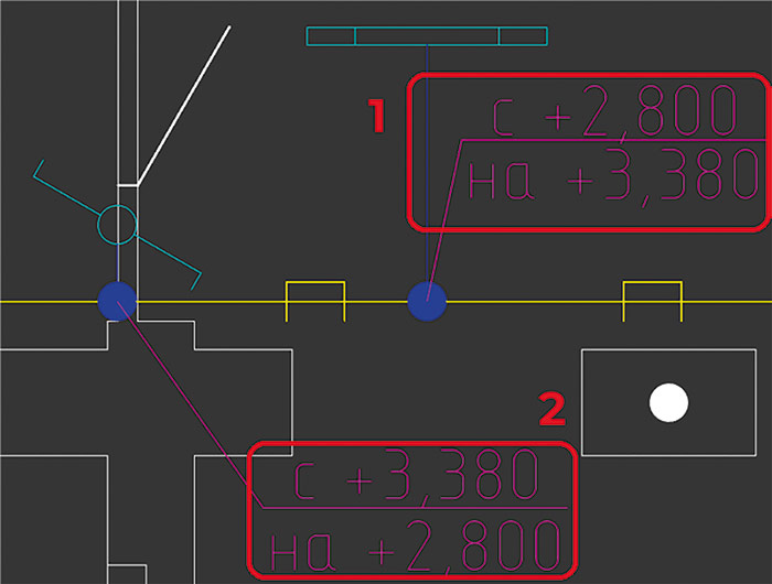 Рис. 19. Выноски перепада высот кабельных трасс:
1) снизу вверх; 2) сверху вниз