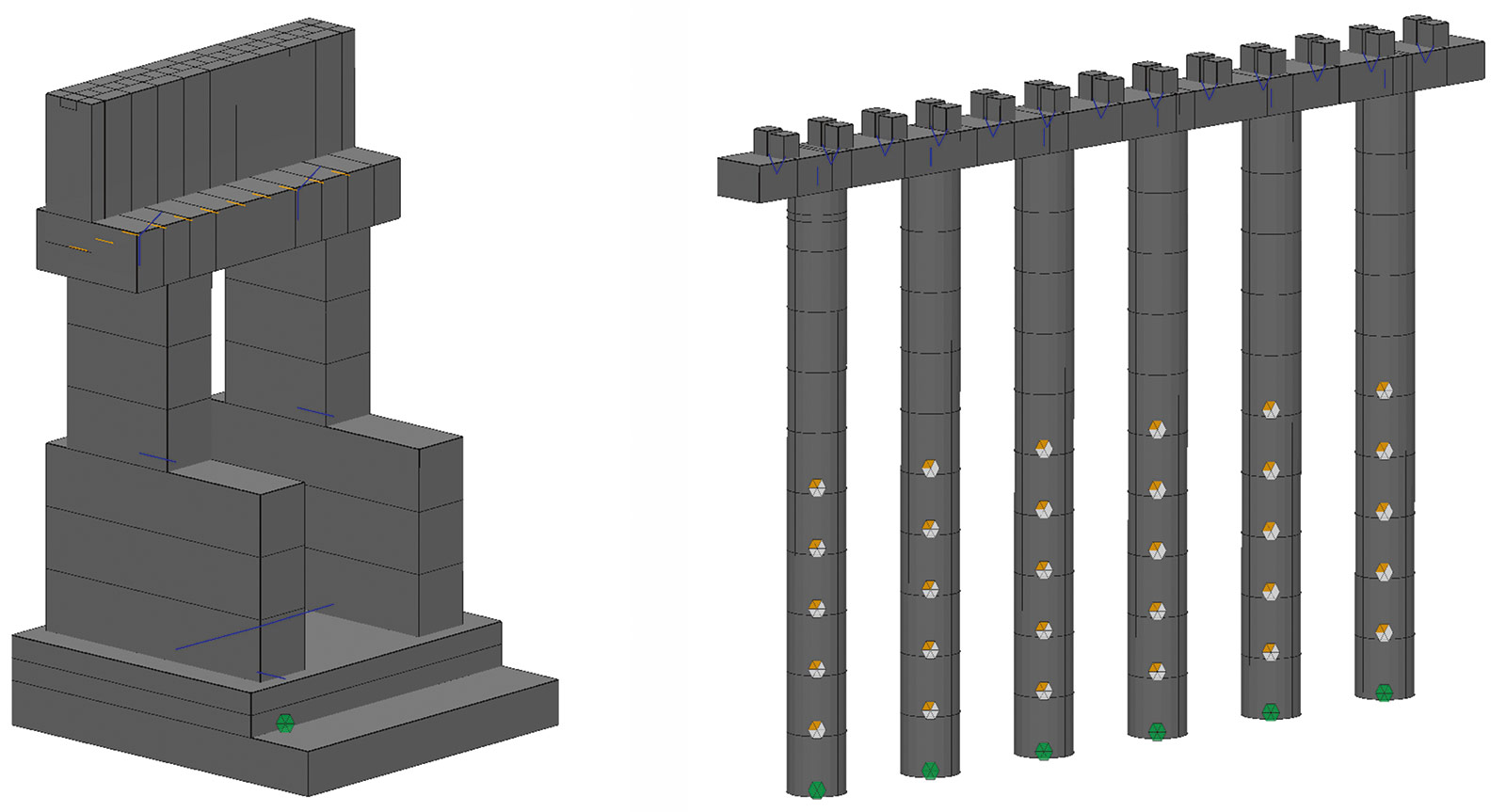 Рис. 4. Стержневые модели концевой и промежуточной опор
(отображение «в теле»)