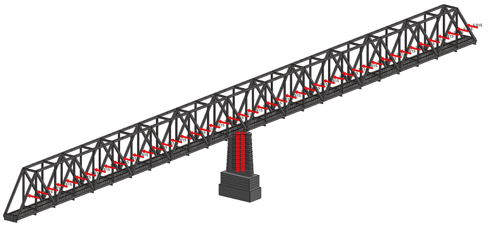 Рис. 5. Ветровые нагрузки, приложенные к узлам фермы и тела опоры