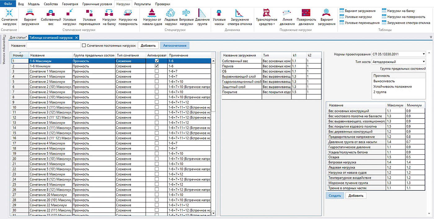 Рис. 7. Интерфейс окна задания сочетаний нагрузок