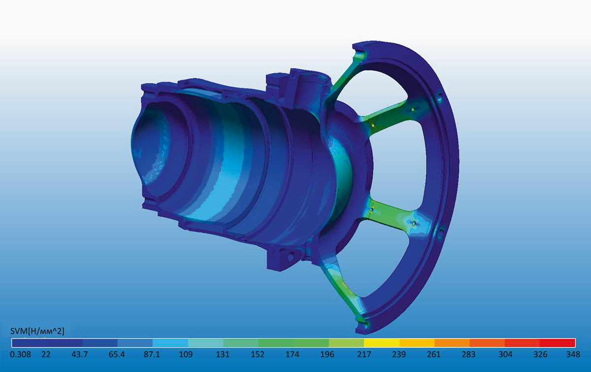 Рис. 6. Распределение эквивалентных напряжений в толкателе (начальное положение (рис. 1, ситуация б))