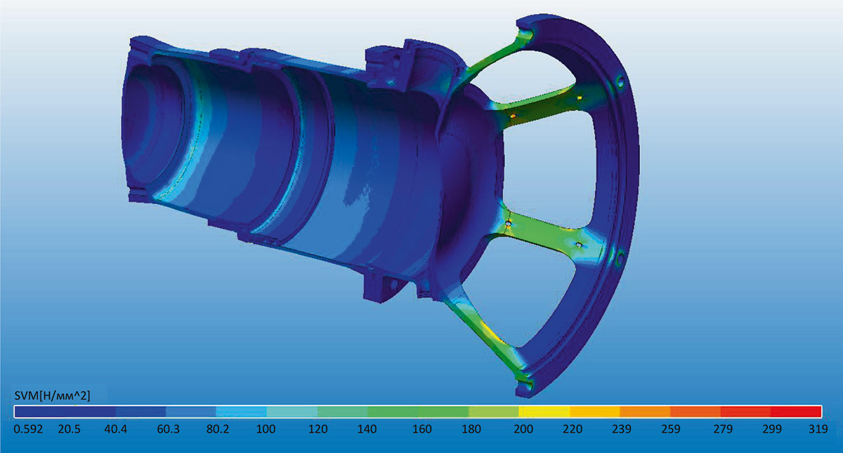Рис. 9. Распределение эквивалентных напряжений в толкателе (конечное положение
(рис. 1, ситуация в))