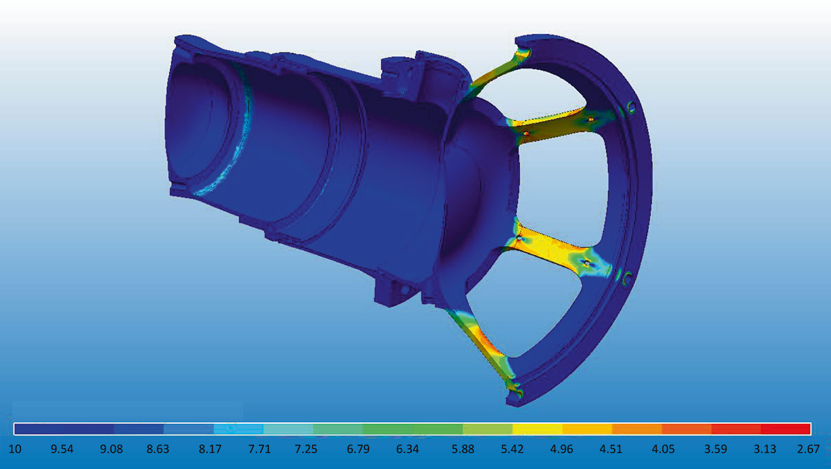 Рис. 11. Коэффициент запаса по пределу текучести конструкции толкателя (конечное положение
(рис. 1, ситуация в))