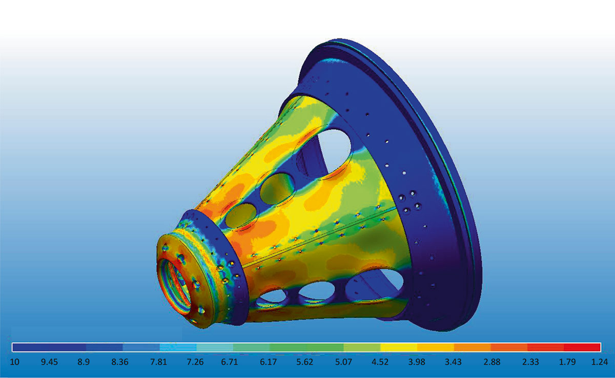 Рис. 22. Коэффициент запаса по пределу текучести конструкции конуса системы отделения
