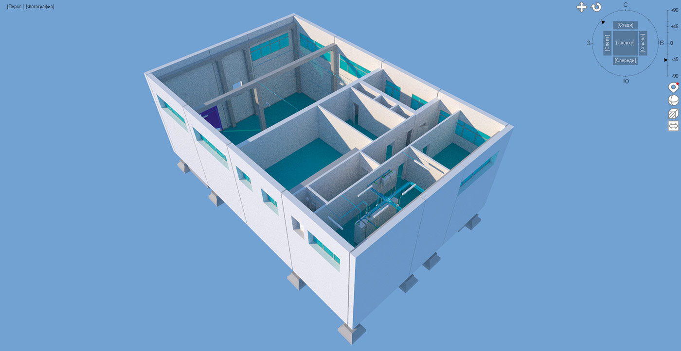 Рис. 2. Общий вид объекта сверху. В дальней (левой) части изображения виден основной зал объекта, а в ближней (правой) части — помещение электрощитовой объекта, которое представлено на рис. 7 и 8