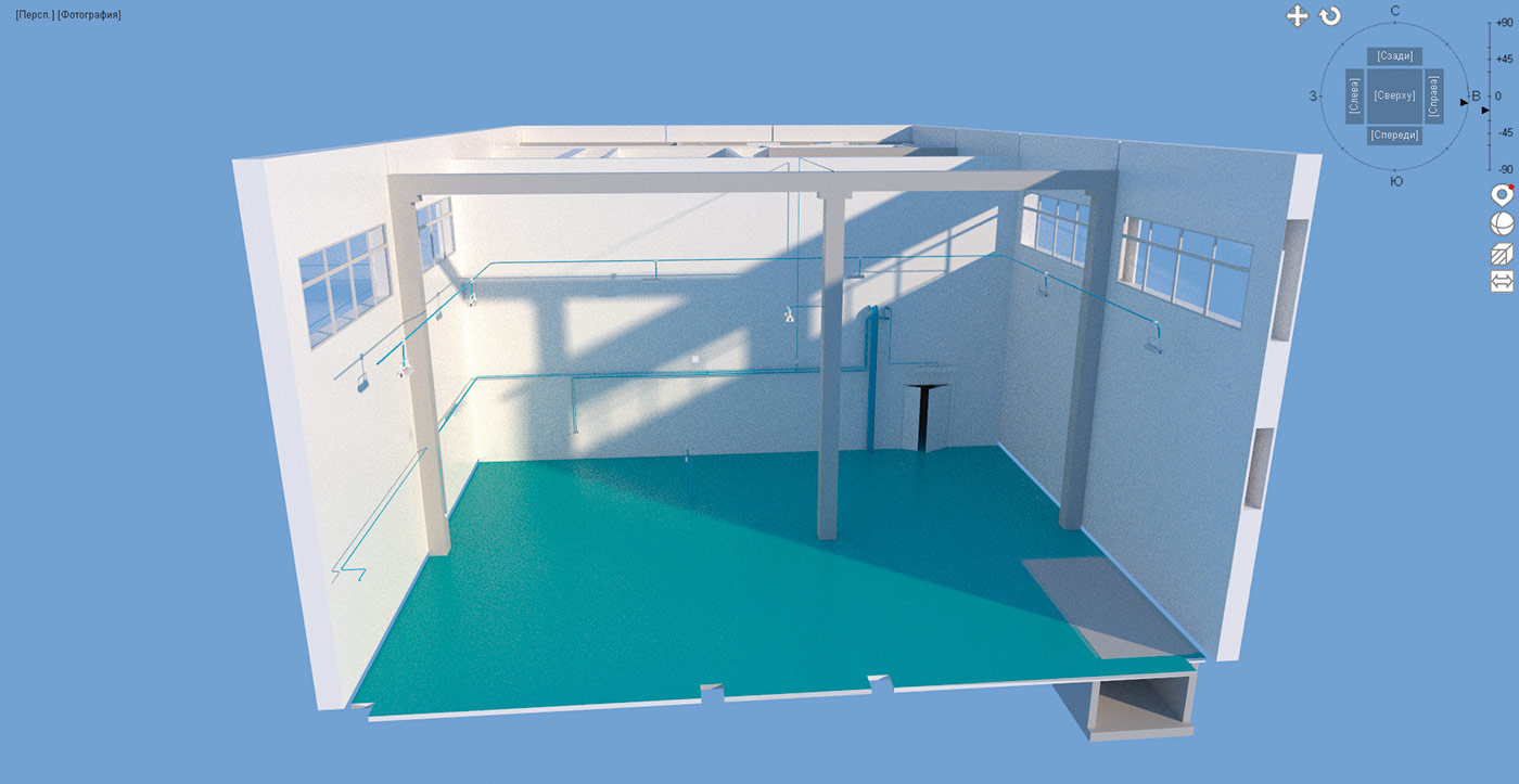 Рис. 3. Разрез здания объекта по основному залу (на изображении также видны различные составляющие электрической системы объекта: трассы в гофрированных трубах, светильники...)