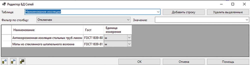 Рис. 18. Таблица Наименования изоляции
