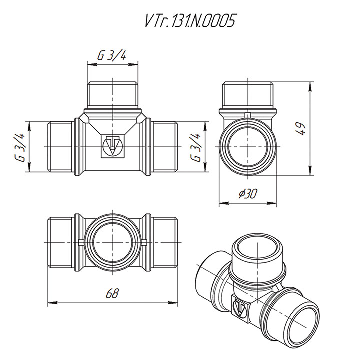 Рис. 1. Латунный никелированный трехсторонний фитинг (тройник), равнопроходной. Резьба — наружная, цилиндрическая трубная по ГОСТу 6357 (ISO 228, EN 10226) VTr.131.N