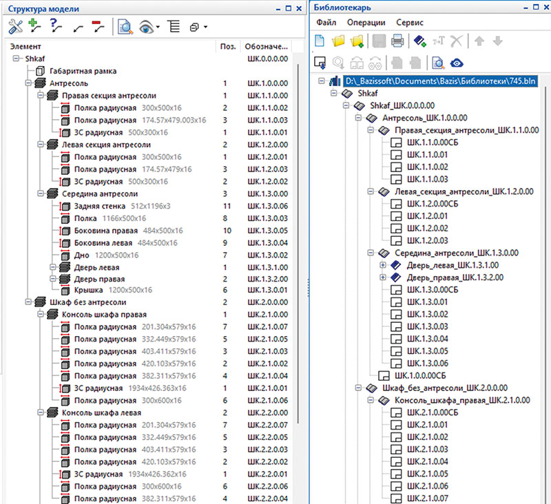 Рис. 5. Структура библиотеки и вложенность сборочных единиц