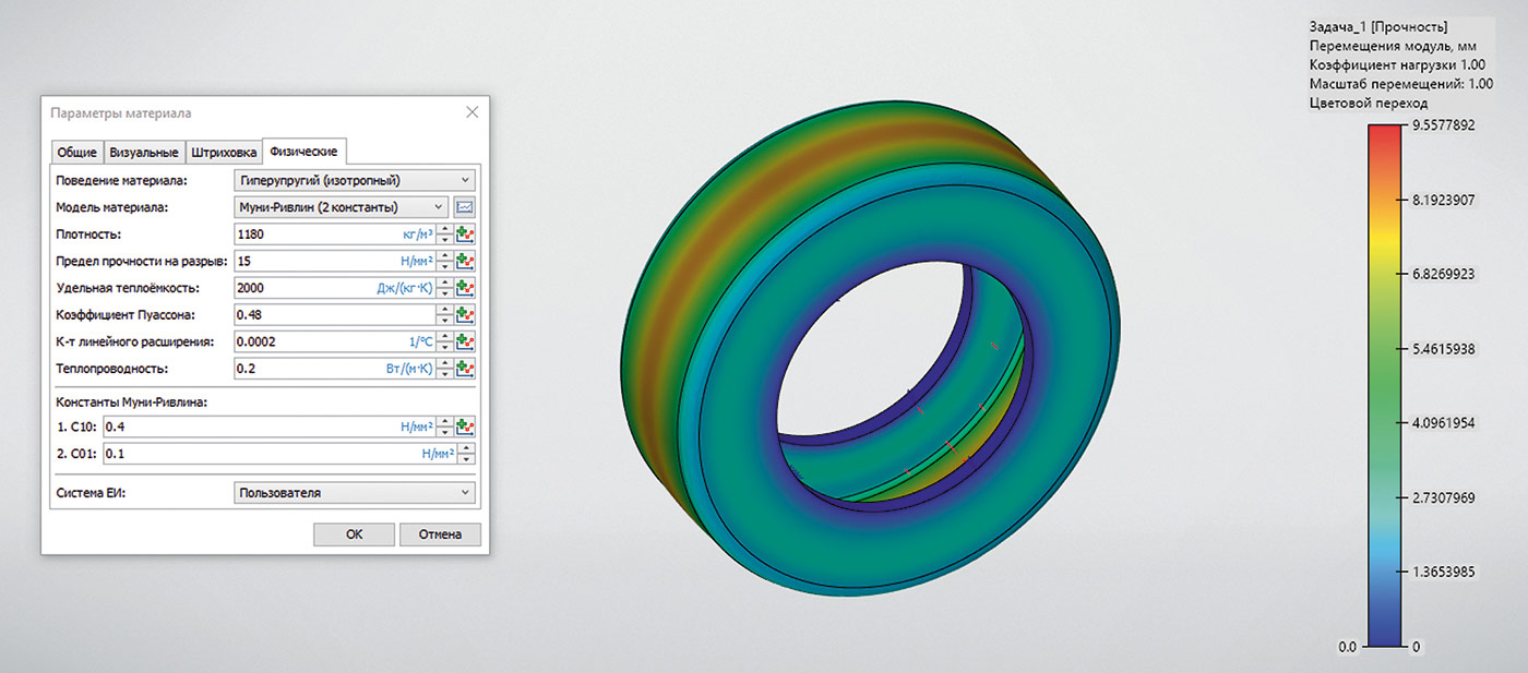 Рис. 1. Результаты расчета модели шины в T-FLEX Анализ 18 с заданием гиперупругой модели материала