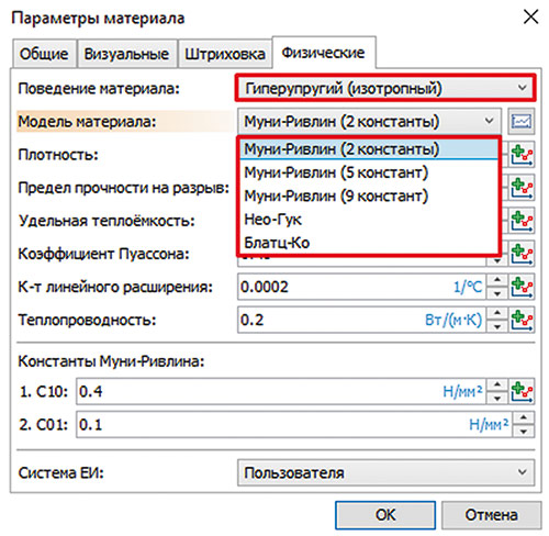 Рис. 2. Доступные модели гиперупругих материалов