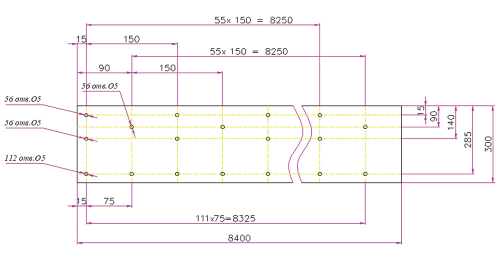 Рис. 6. Типовая деталь — четыре ряда отверстий