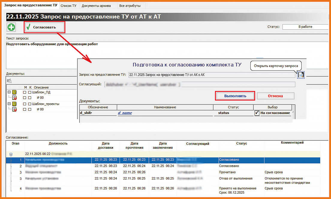 Рис. 29. Подготовка к согласованию комплекта ТУ