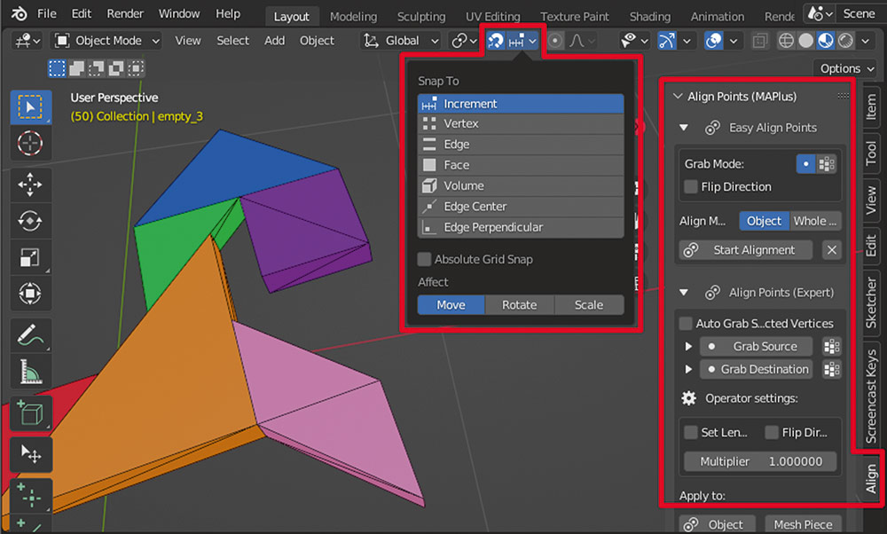 Рис. 5. Штатный инструмент объектной привязки Snapping и надстройка Mesh Align Plus в Blender