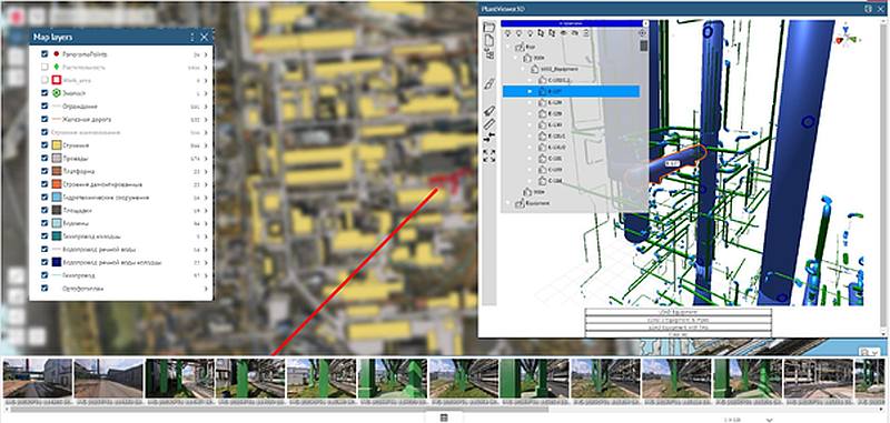 Пример общего интерфейса цифровой карты, 3D информационной модели и фотопанорам 360. Пользователи могут работать с данными, как в едином окне, так и в нескольких окнах синхронизированных приложений (например, на 2х мониторах)